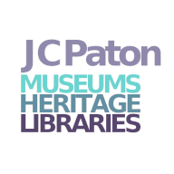 Logo. J C Paton Learning is writen on a white background in a light purple. Museums, Heritage and Libraries is writen underneath in light green, dark green and dark purple respectively.