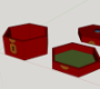 A digital rendering of a red hexagonal box, next to it is a macthing red lid with a green interior lining.